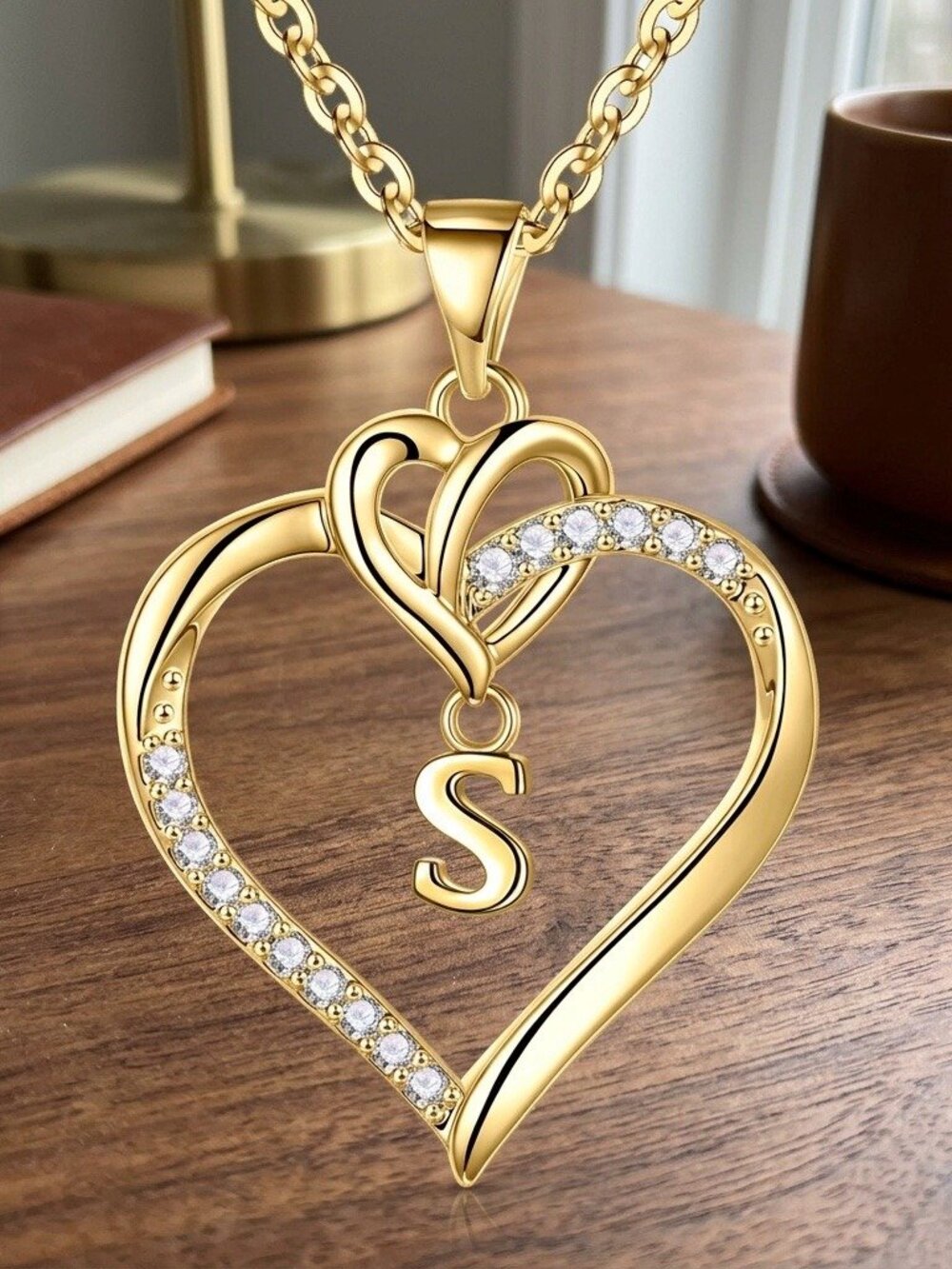 Gold Heart Initial Necklace Letter S CZ Open Heart Pendant Personalized Gift